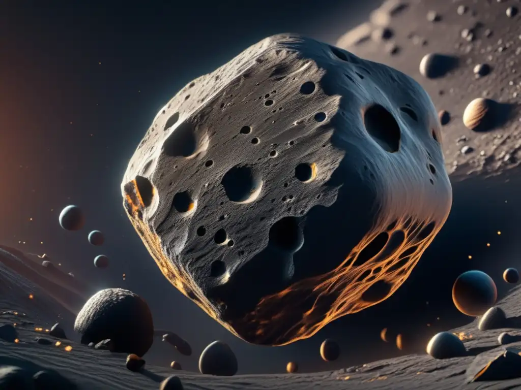 Fósiles asteroides tipo D, texturas y elementos químicos en una imagen 8k detallada de un asteroide de carbono oscuro