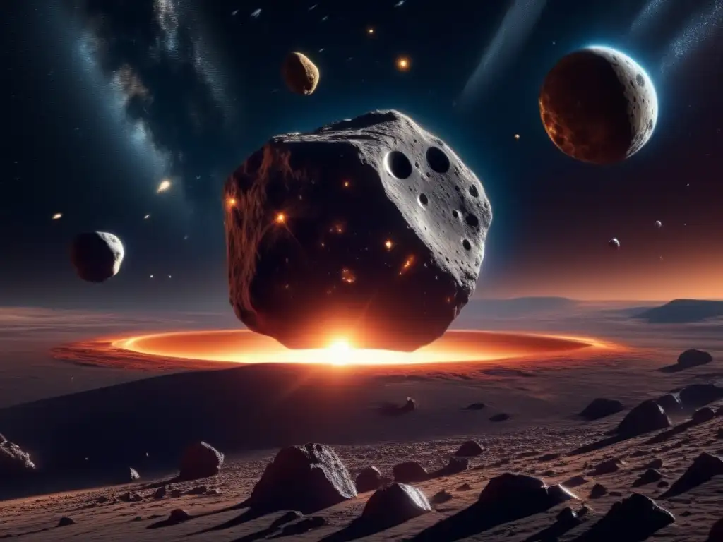 Foto impresionante de un asteroide, resalta su textura, cráteres y nave espacial en órbita