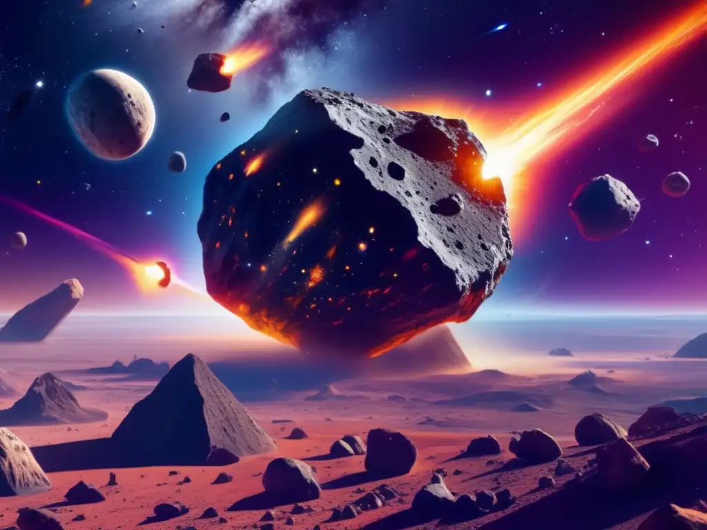 Fragmentación de asteroides en el espacio: imagen 8k detallada con colores vibrantes, asteroides fracturándose y fragmentos en movimiento