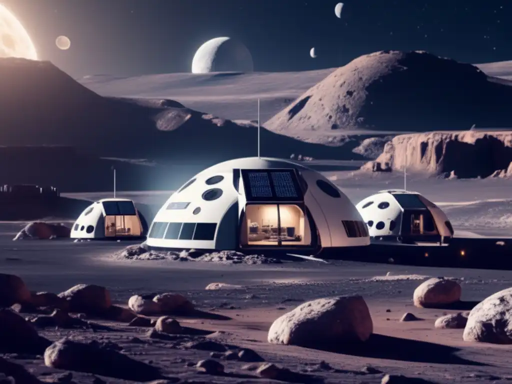 Futura base lunar rodeada de terreno lunar rugoso, con astronautas realizando actividades científicas y explorando asteroides