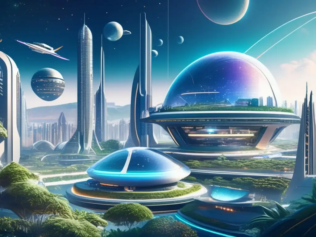 Futura colonia espacial con estructuras geométricas y tecnología avanzada