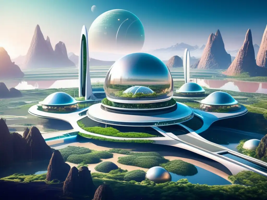 Futura colonia espacial ética en planeta distante con montañas y cielo púrpura estrellado