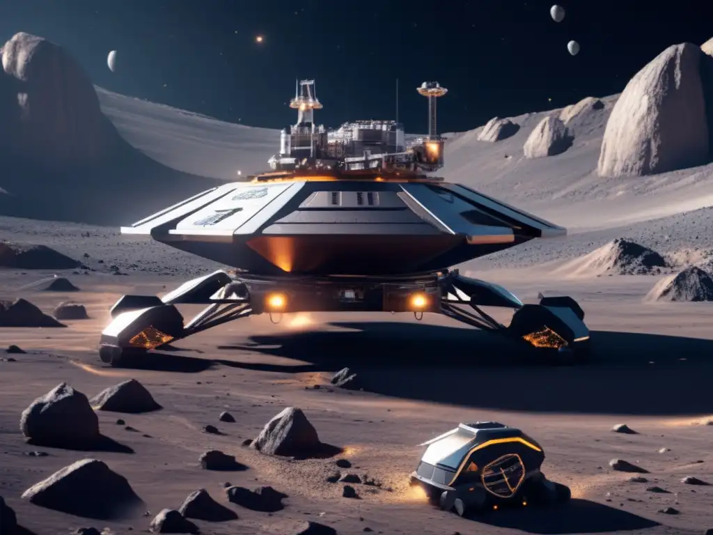 Futura minería espacial en asteroide: plataforma metálica, robots, recursos y naves transportadoras