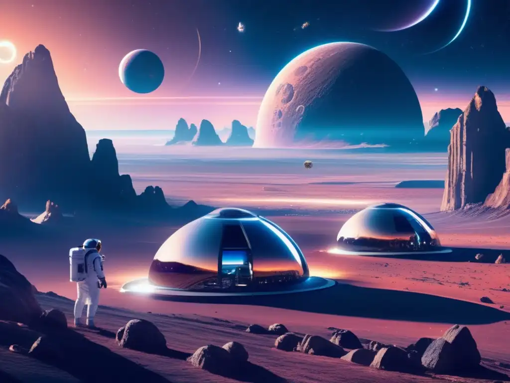 Futuras colonias en asteroides, asombroso paisaje espacial con domos interconectados, astronautas y exuberantes jardines