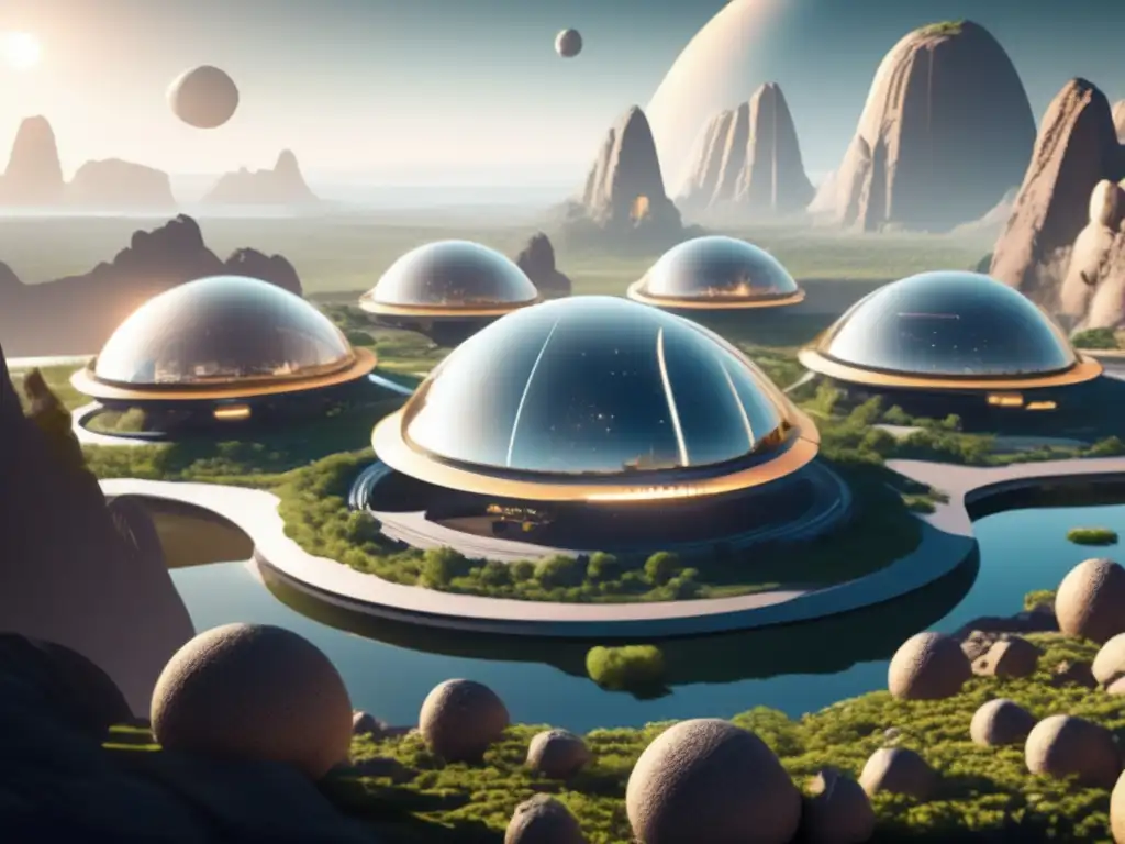 Futuras colonias en asteroides: domos transparentes, arquitectura moderna y actividad vibrante en una colonia en un asteroide