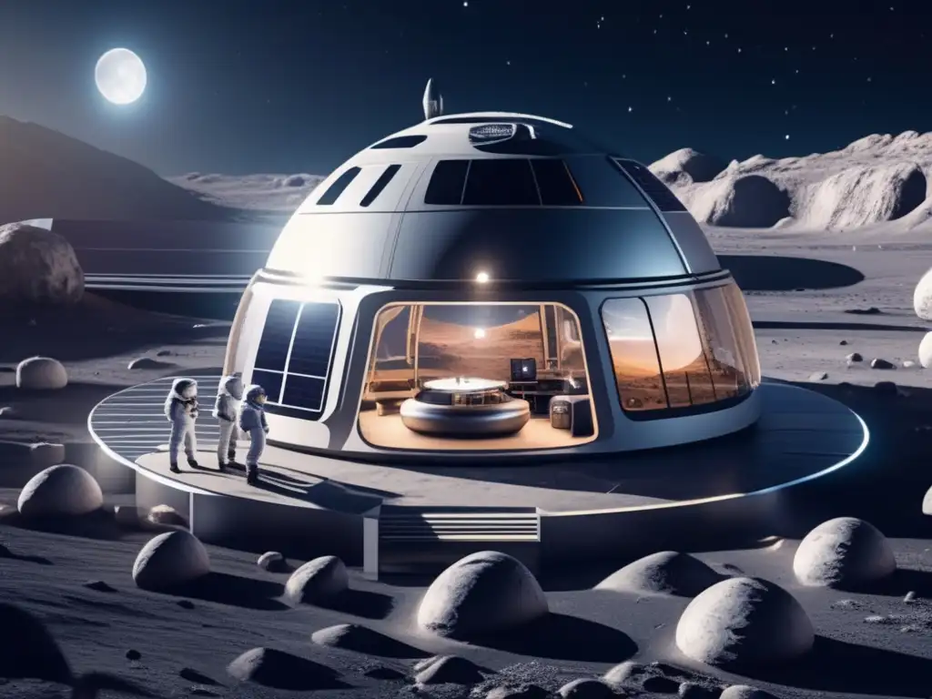 Futurista base lunar con energía solar, astronautas, robots y Helium3 - Exploración de asteroides para recursos