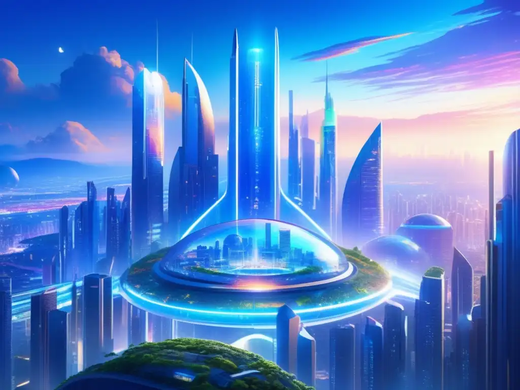 Futurista ciudad con cúpula protectora y defensa ante asteroides
