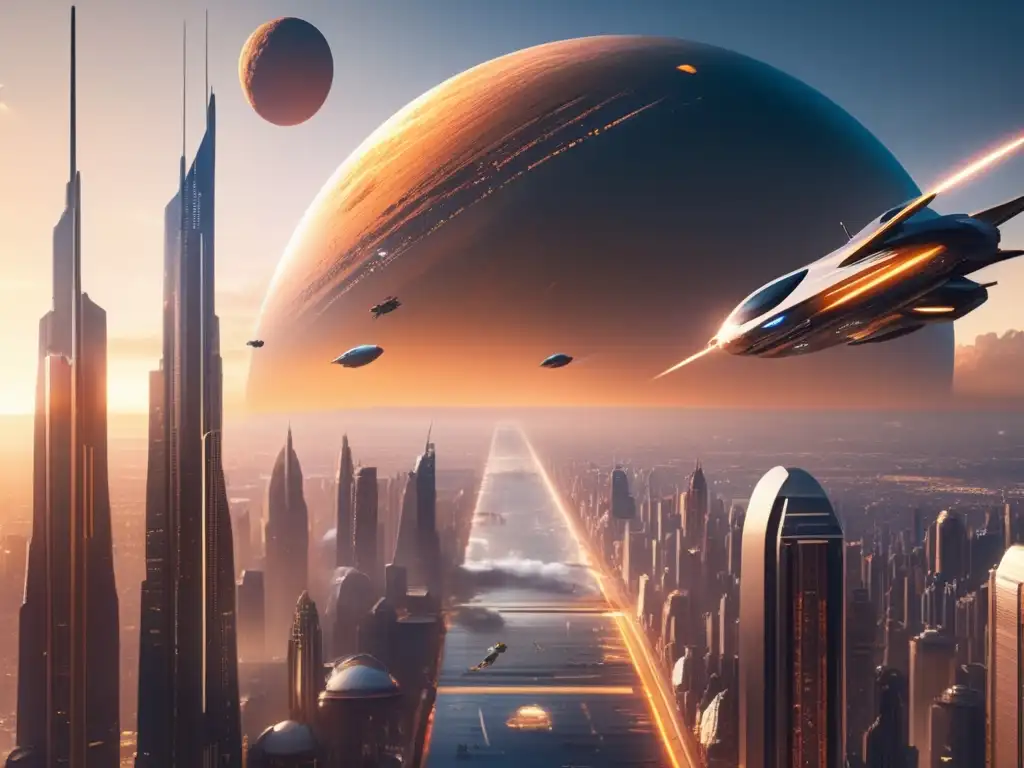 Futurista ciudad 8k con rascacielos, coches voladores y un asteroide