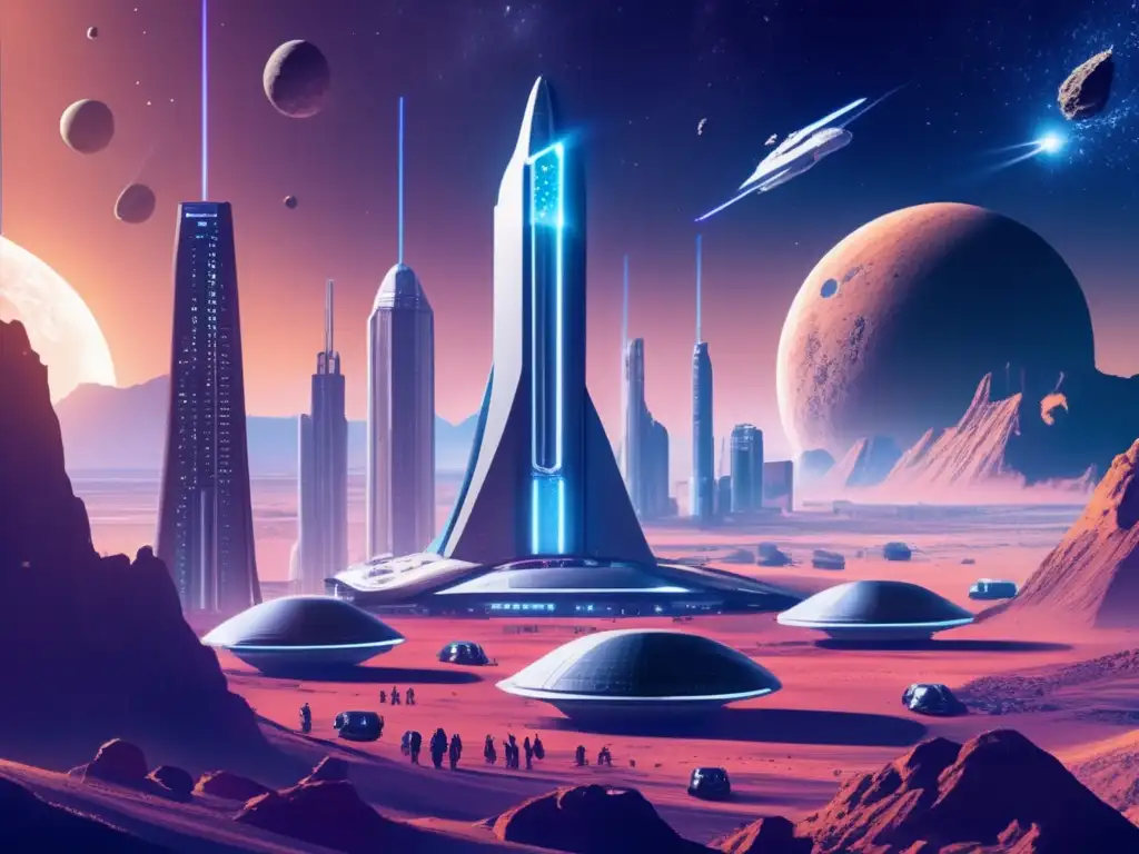 Futurista colonia espacial con rascacielos, transporte avanzado y minería de asteroides