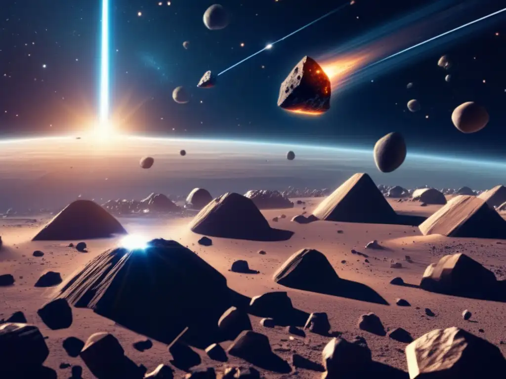 Futurista escena en el espacio con asteroides, minerales y agua
