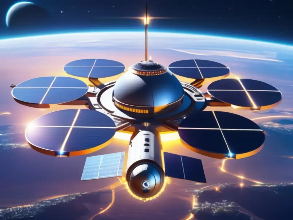 Futurista estación espacial en órbita terrestre con arquitectura moderna y paneles solares capturando energía solar para transmitir a la Tierra