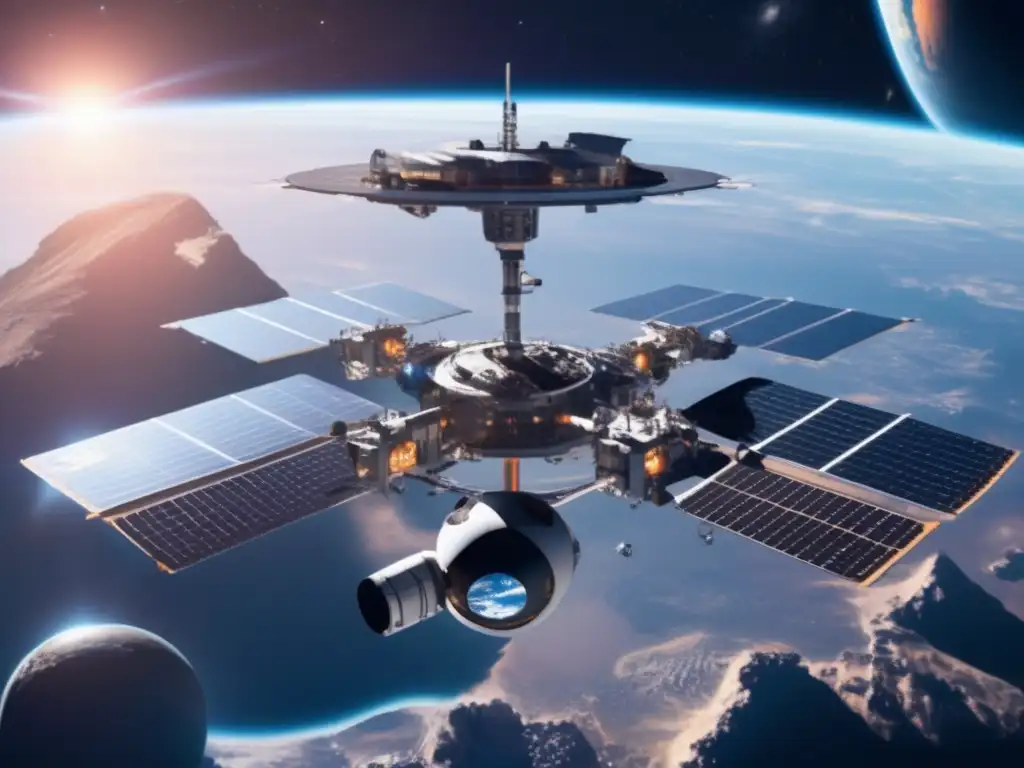Futurista estación espacial orbita la Tierra, rodeada de asteroides, simbolizando la necesidad de tratados internacionales sobre asteroides