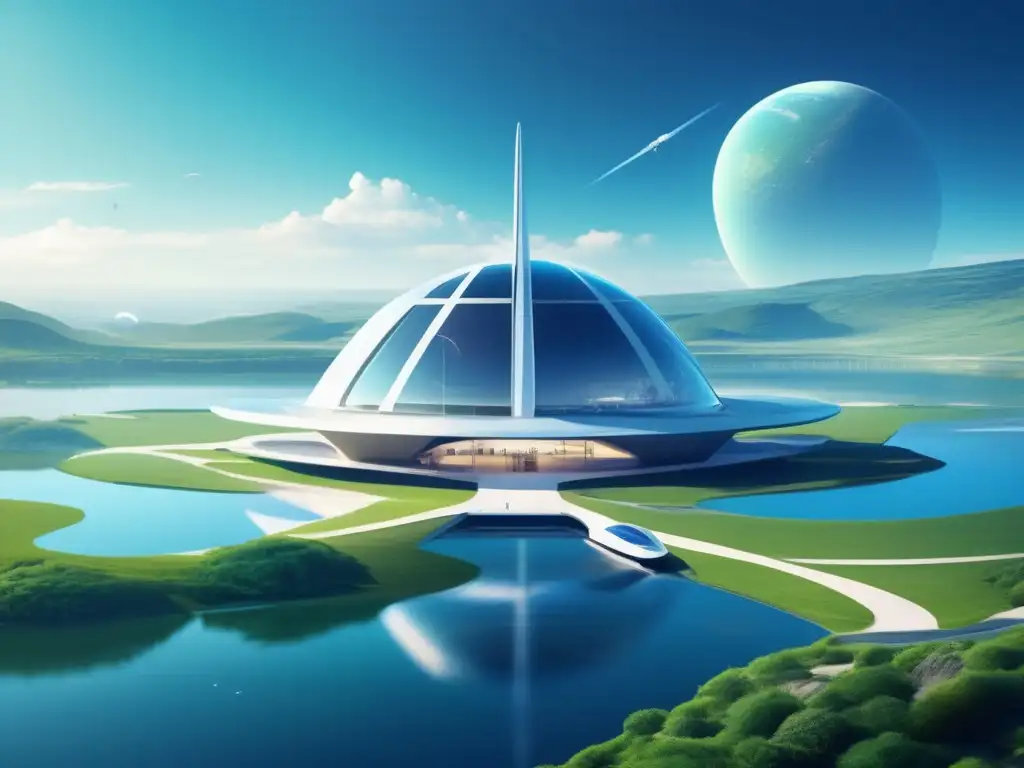 Futurista espacioporto rodeado de paisaje escénico