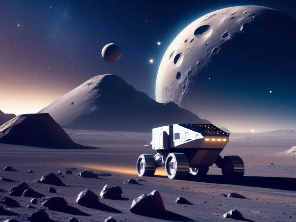 Operación futurista de minería espacial en asteroide - Startups espaciales economía circular extraterrestre