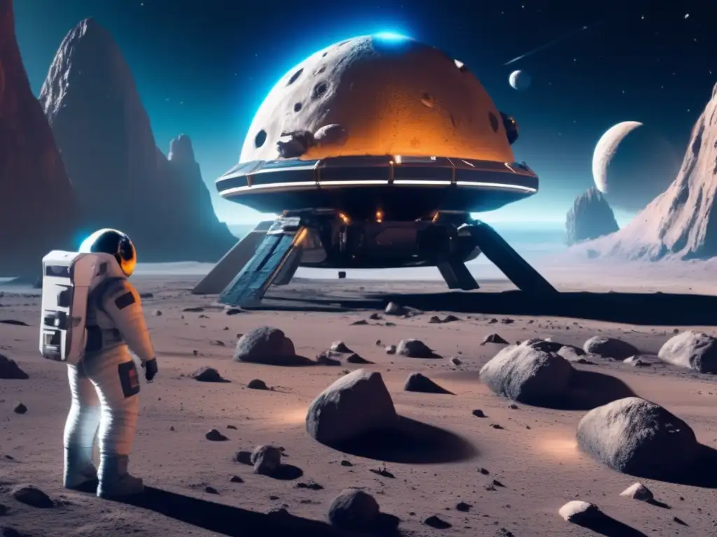 Futurista nave espacial explorando asteroide, con astronauta, colores vibrantes y tecnología avanzada