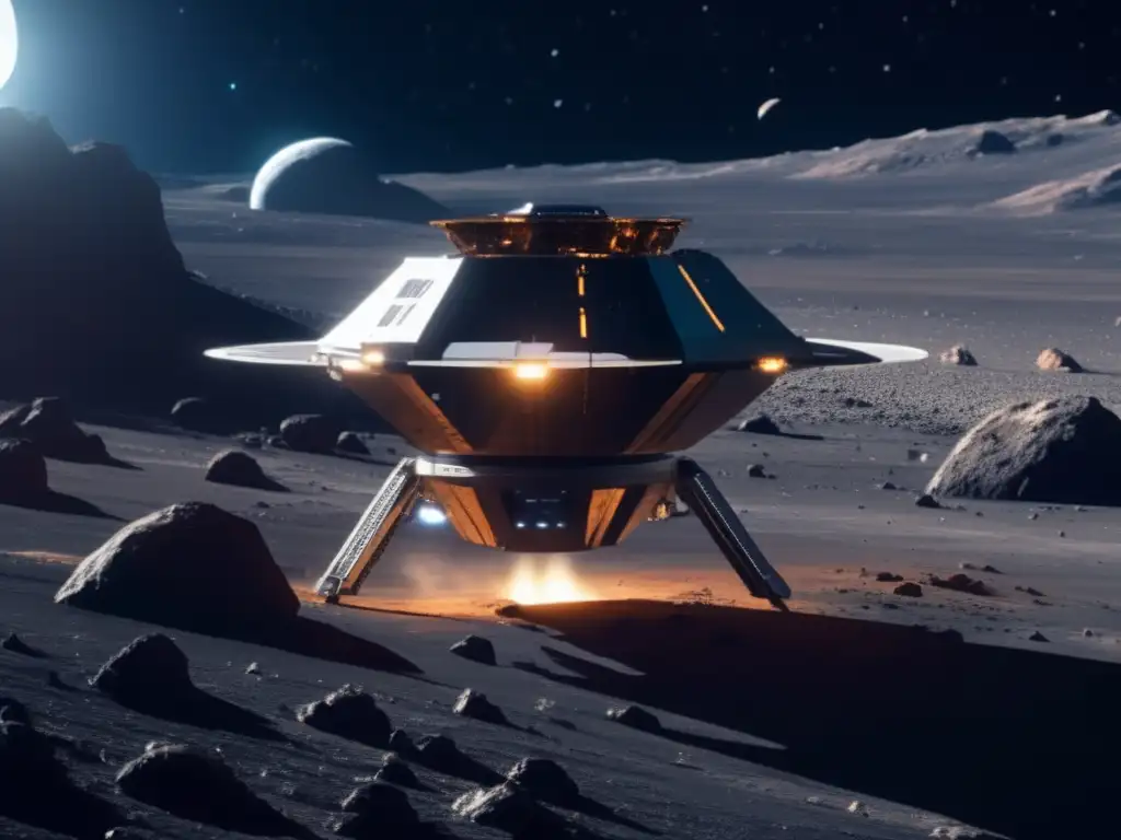 Futurista nave minera extrayendo recursos de asteroide
