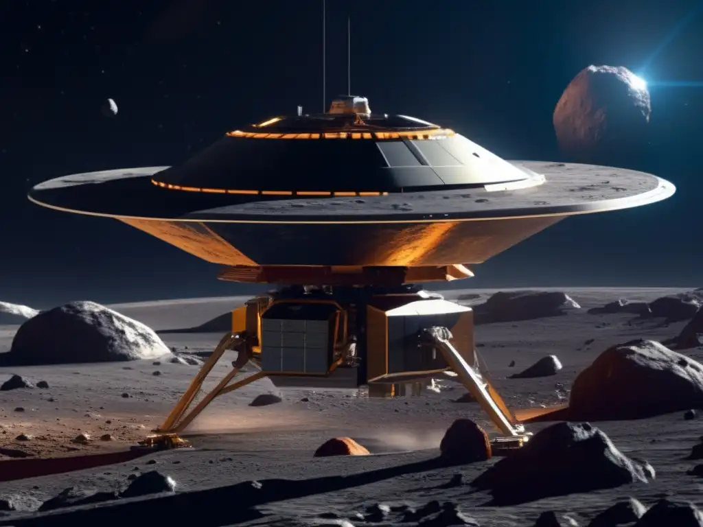 Futurista sonda espacial desviando asteroides para proteger: impresionante imagen con tecnología avanzada, superficie rocosa y vasto espacio estelar