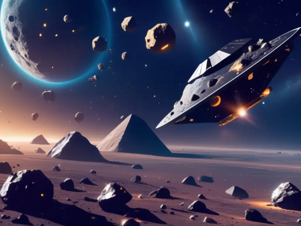Futuro minería asteroides economía - Vista panorámica del espacio con naves espaciales mineras flotando entre asteroides