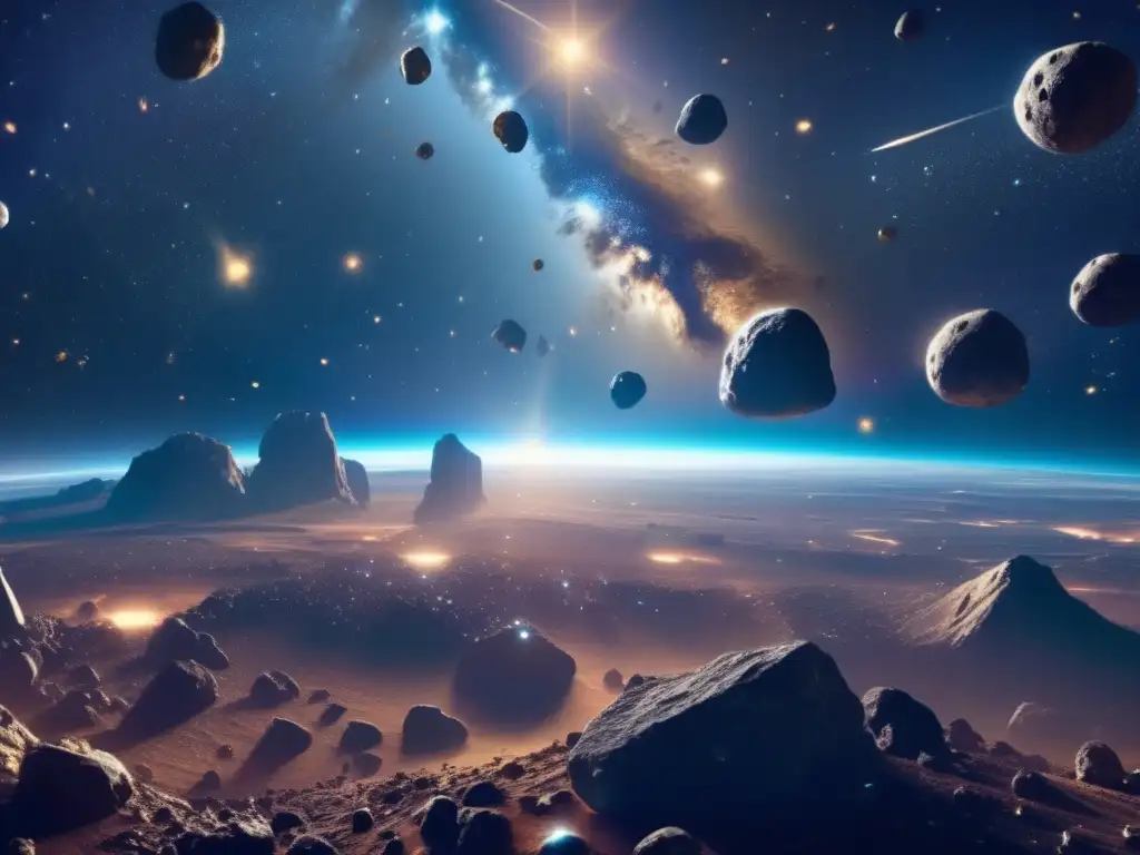 Futuro explotación asteroides farmacéutica en un paisaje celestial surrealista de asteroides