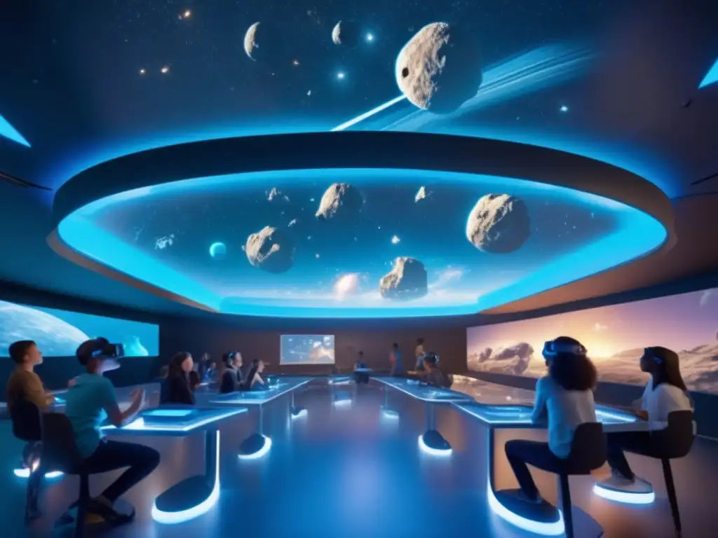 Futuro aula con hologramas y estudiantes usando auriculares de realidad virtual para aprender sobre asteroides