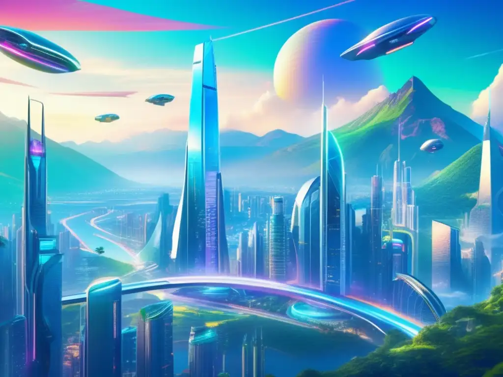 Futuro ciudad futurista, rascacielos, tecnología avanzada, armonía naturaleza-tecnología, impacto asteroides en la Tierra