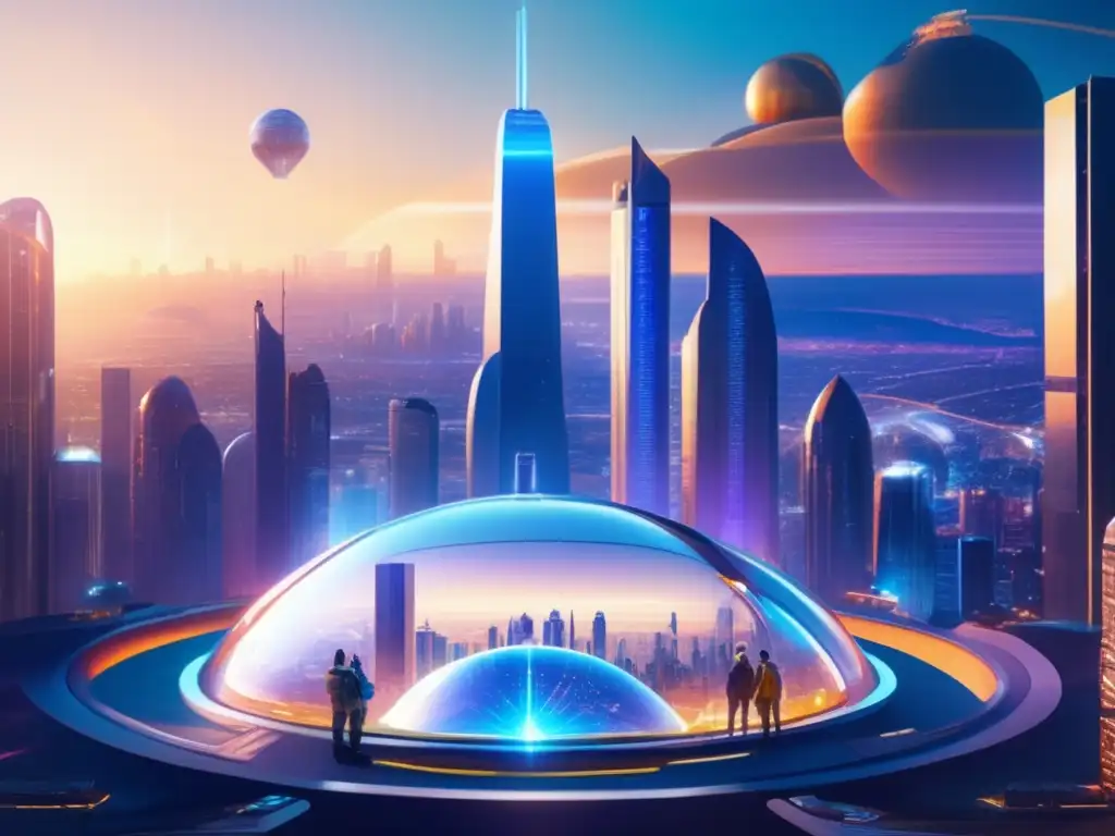 Futuro ciudad con rascacielos, cúpula protectora y científicos analizando datos