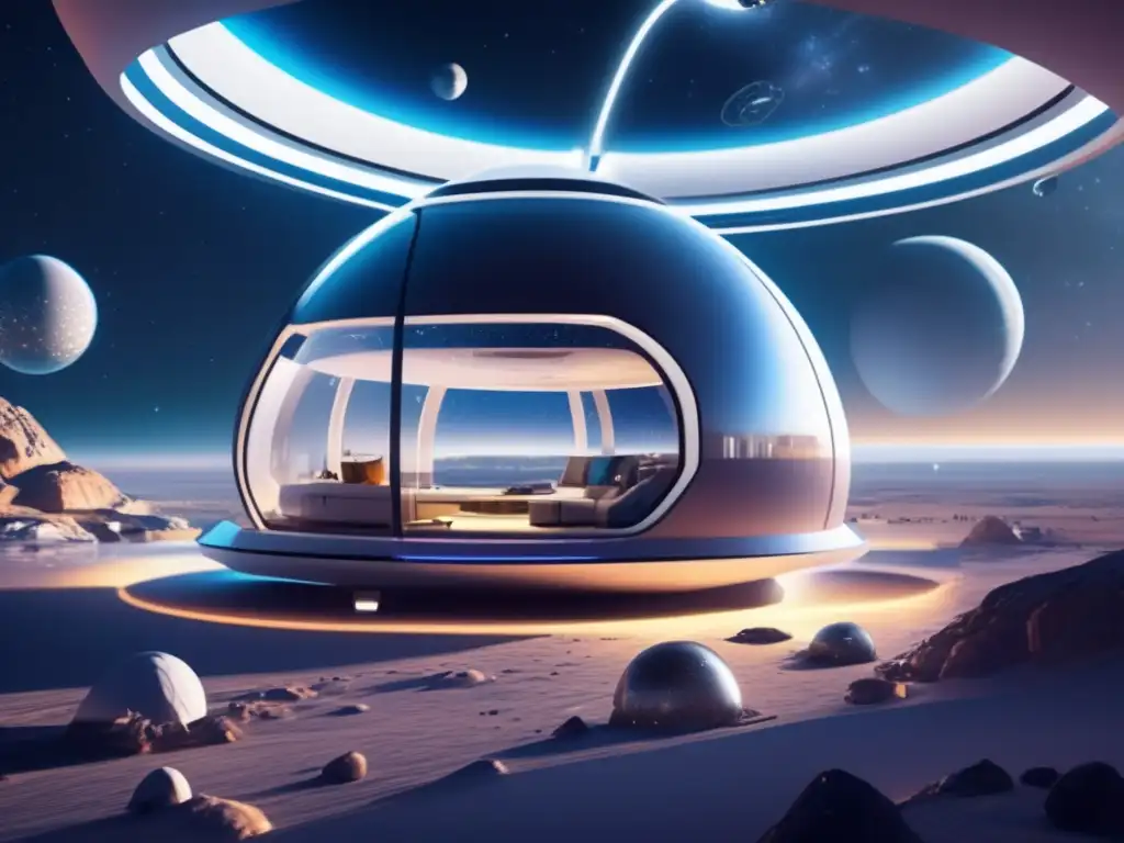 Futurista hábitat espacial con vistas al cosmos Futuro hábitat espacial con sistemas de soporte vital asteroides, diseño moderno, vistas cósmicas y energía solar