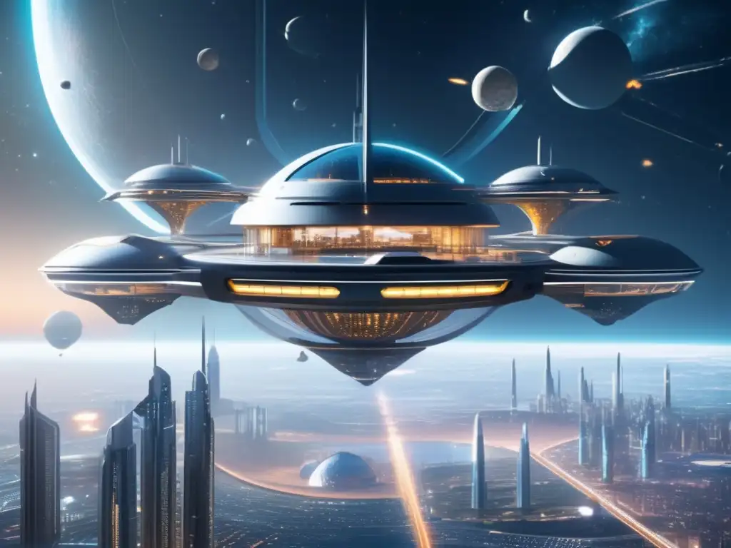 Futuro espacio colonia, metrópolis en módulos transparentes con naves y científicos