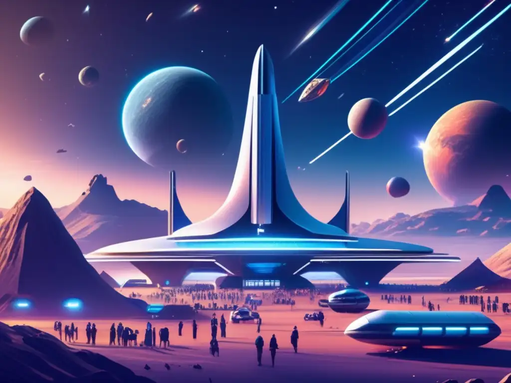 Futuro espacioportuario con naves, científicos, asteroides y políticas espaciales económicas
