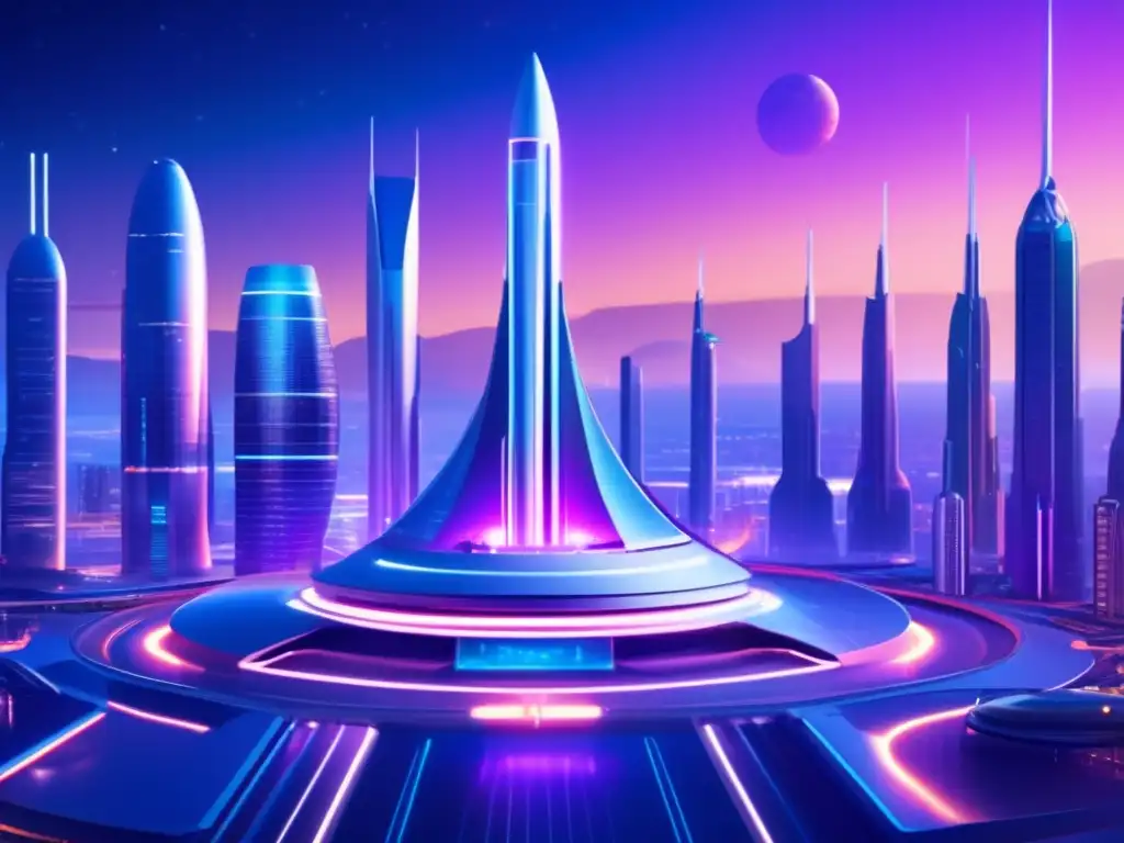 Futuro espacioportuario con naves espaciales listas para lanzamiento y ciudad vibrante
