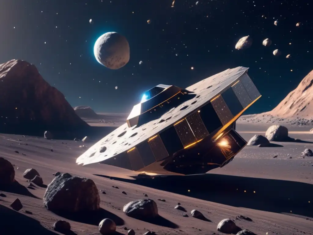 Futuro extracción minera asteroides: nave minera espacial extrae minerales valiosos en el espacio