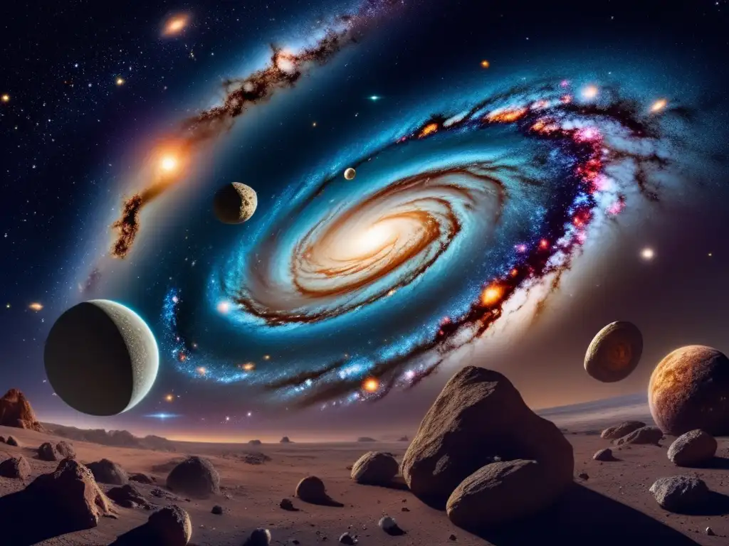 Universe: Galaxia espiral majestuosa con asteroides orbitando y estrellas brillantes