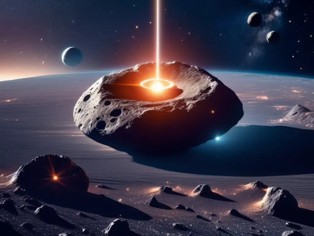 Geopolítica minería asteroides: escena espacial con asteroide colosal y naves mineras