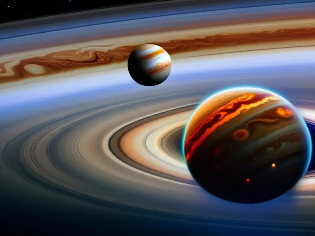 Júpiter, gigante gaseoso con bandas de nubes en tonos naranja, rojo y blanco