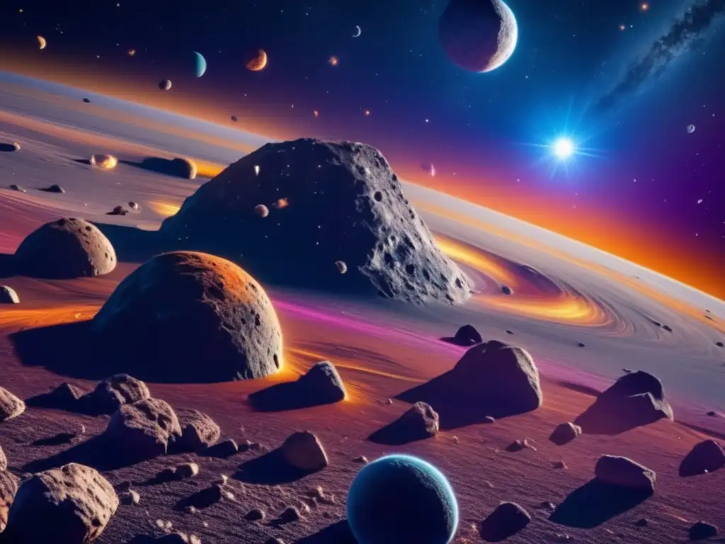 Formación gigantes cinturón principal: vibrante imagen 8k muestra asombrosos asteroides en un dinámico y colorido cinturón celeste