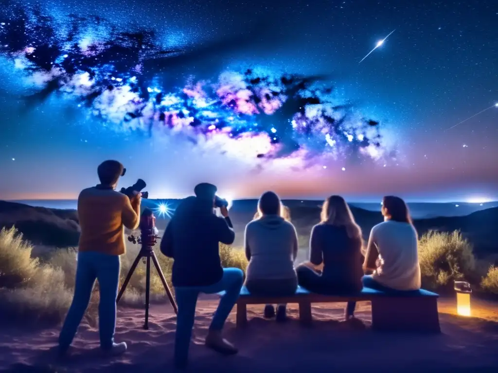 Grupo de astrónomos aficionados observando bajo un cielo estrellado - Búsqueda internacional de asteroides aficionados