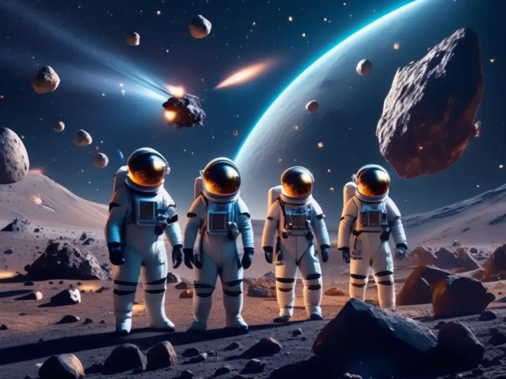 Grupo de científicos en trajes espaciales futuristas explorando asteroides en el espacio - Simulaciones educativas asteroides: rol didáctico