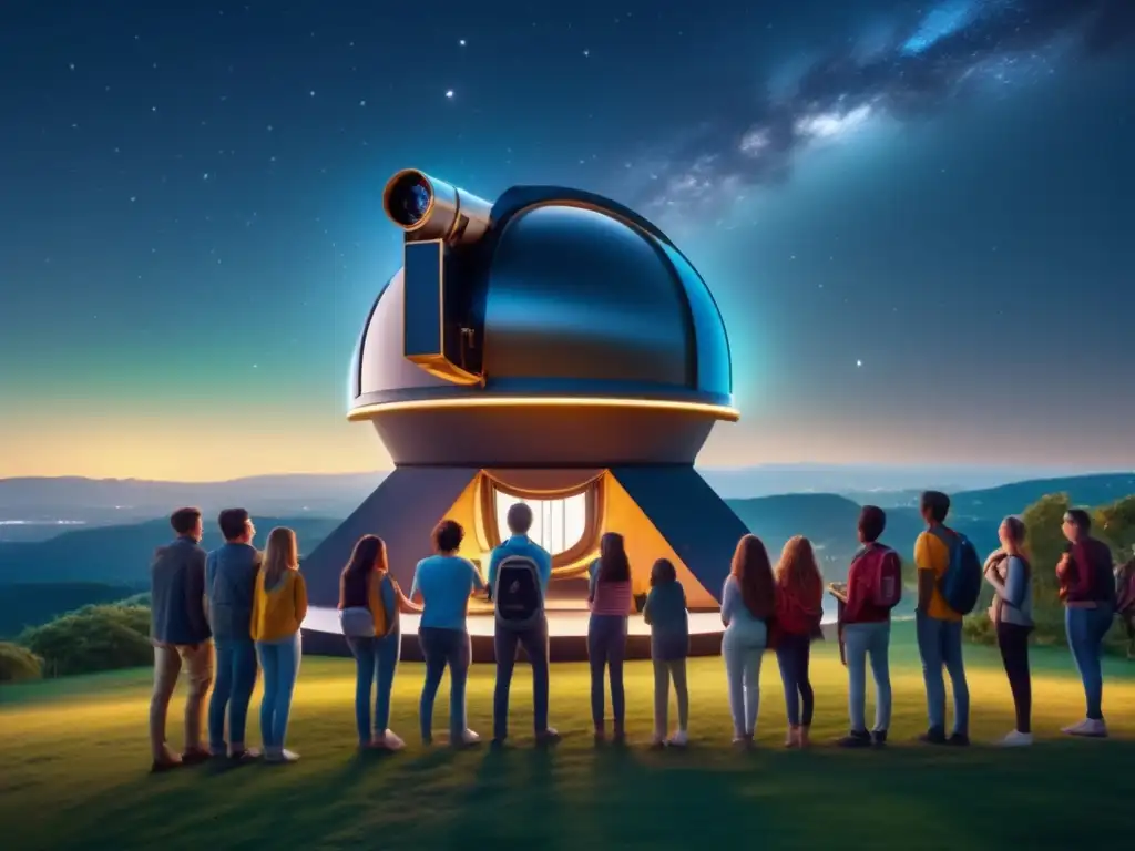 Grupo de estudiantes entusiastas observando telescopio avanzado bajo cielo estrellado