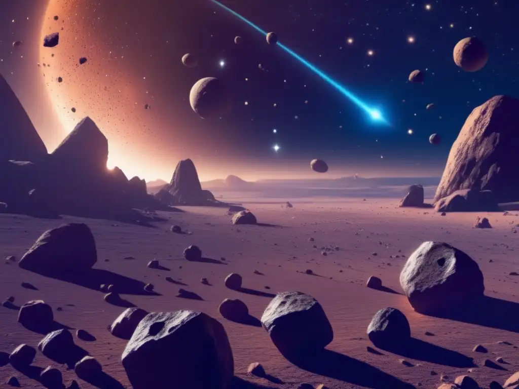 Habilidades extracción de asteroides: mineros en vasto espacio, asteroides flotando, belleza y complejidad minera