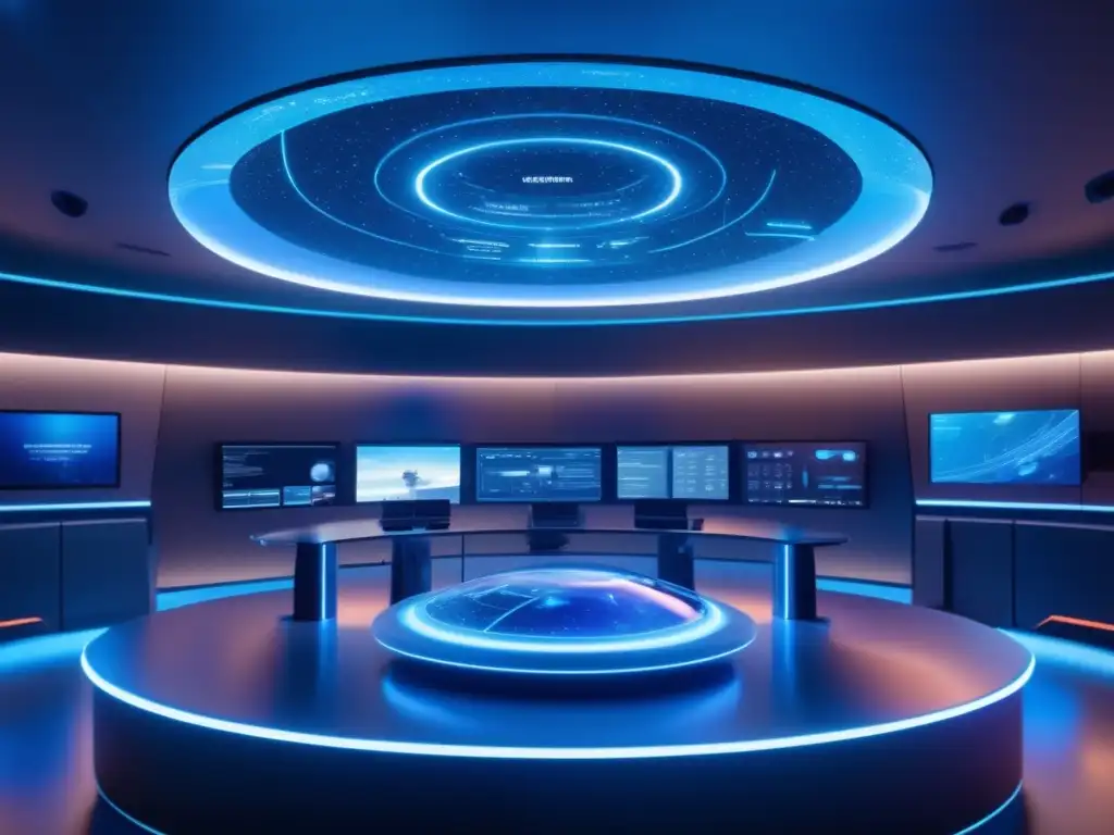 Herramientas para cazar asteroides en una sala de control futurista con tecnología avanzada y un equipo de profesionales determinados