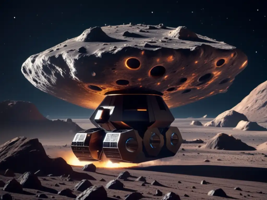 Herramientas avanzadas exploración asteroides: nave futurista con brazos robóticos recolectando muestras en asteroide rugoso