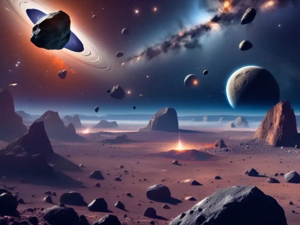 Extracción hidrocarburos en asteroides: campo asteroides y nebulosa, nave futurista, innovación y exploración