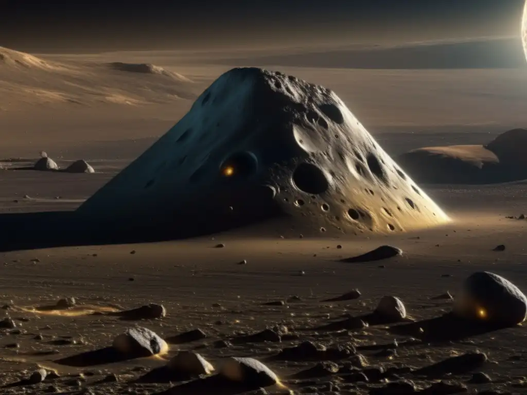 Historia del asteroide Eros: Imagen 8k detallada muestra Eros con tono dorado flotando en espacio