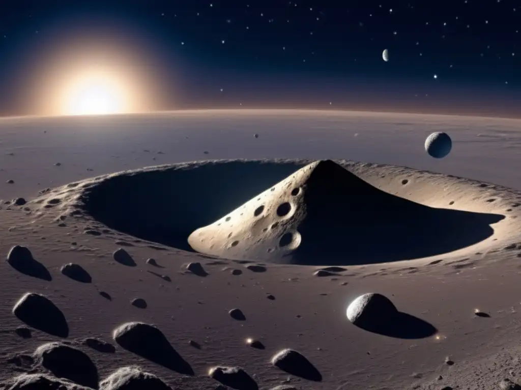 Historia del asteroide Eros: impacto, explotación y papel en el universo - Imagen de Eros en el espacio con cráteres, sombras y estrellas
