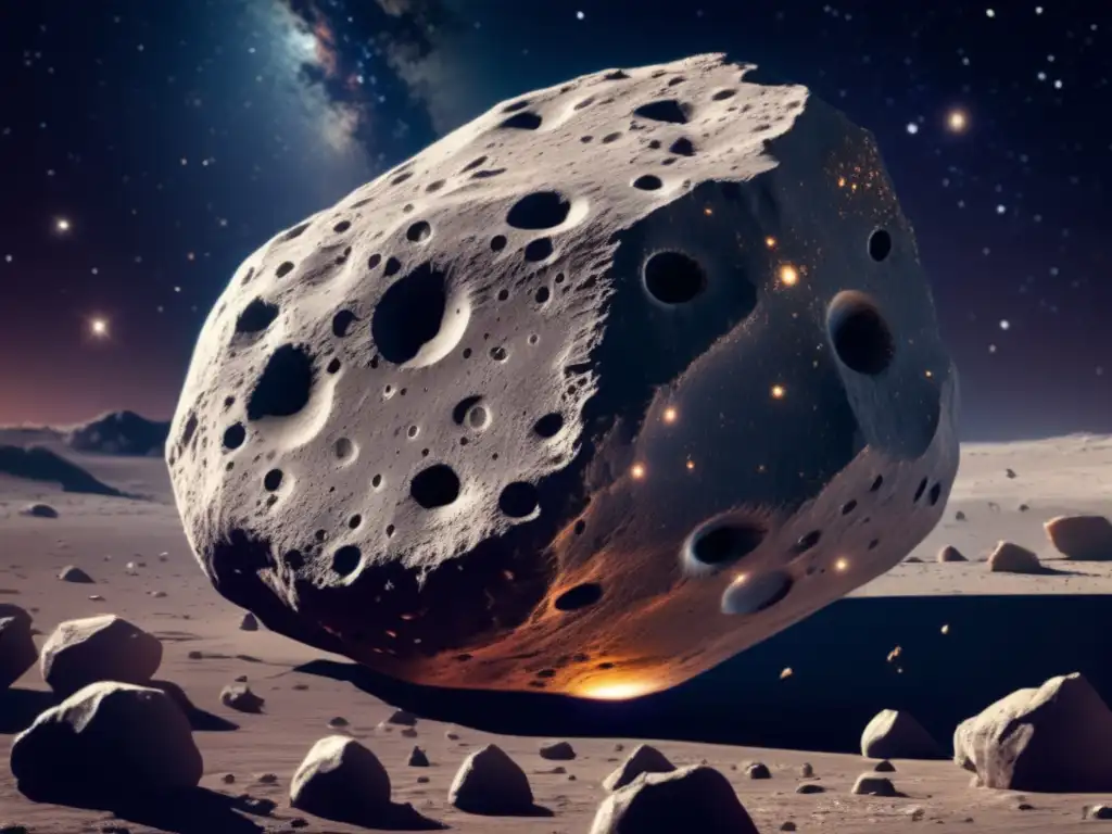 Historia de asteroides antiguos con impactos, cráteres y fragmentos rocosos, en un expanse cósmico estrellado