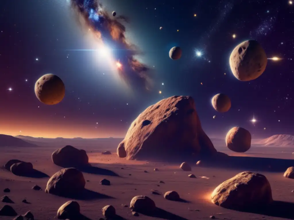 Historia asteroides centauros: Imagen 8k de asteroides centauros flotando en el espacio, rodeados de polvo cósmico y estrellas distantes