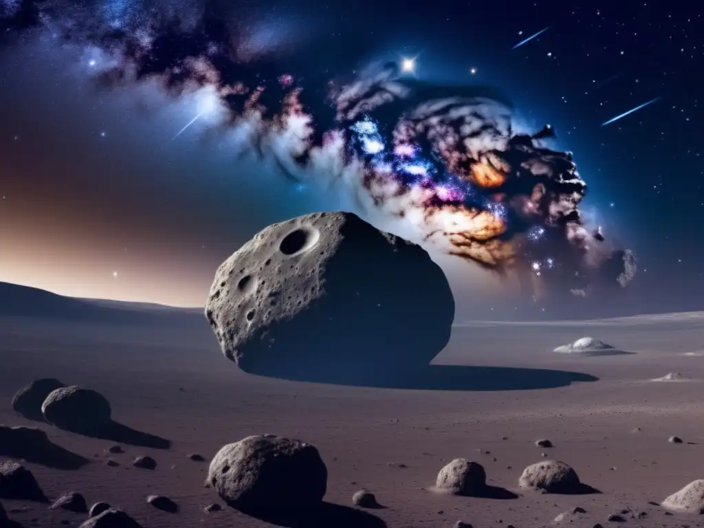 Historia asteroides centauros: vasto espacio con asteroide centauro, estrellas, galaxias, cráteres, colores y cuerpos celestes