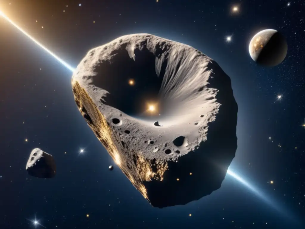 Historia de asteroides en el sistema solar: imagen impresionante de espacio infinito con asteroide metálico y halo de rocas