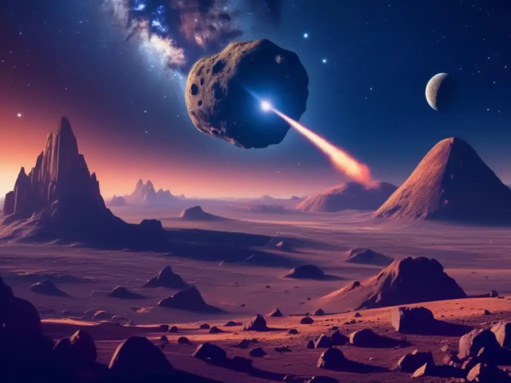 Historia asteroides Troyanos mitología espacial: paisaje celeste impresionante con asteroide imponente, cráteres y formaciones rocosas