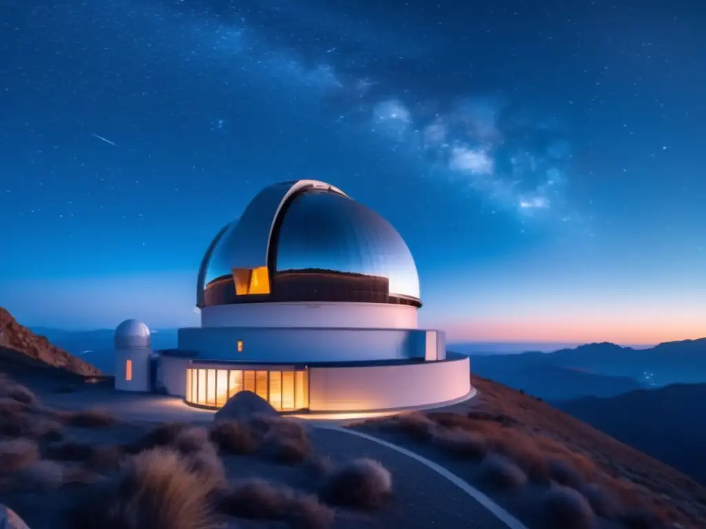 Historia encuentros cercanos asteroides: Observatorio hightech en la noche estrellada, con asteroides y tecnología avanzada
